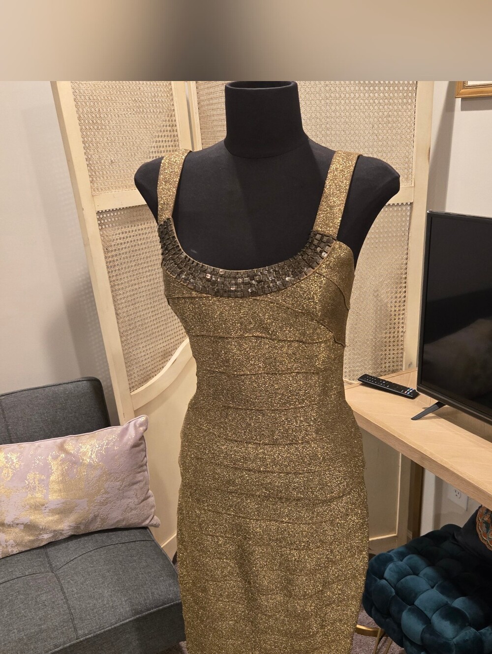 Gold Glitter Bodycon Dress with Embellished Neckline